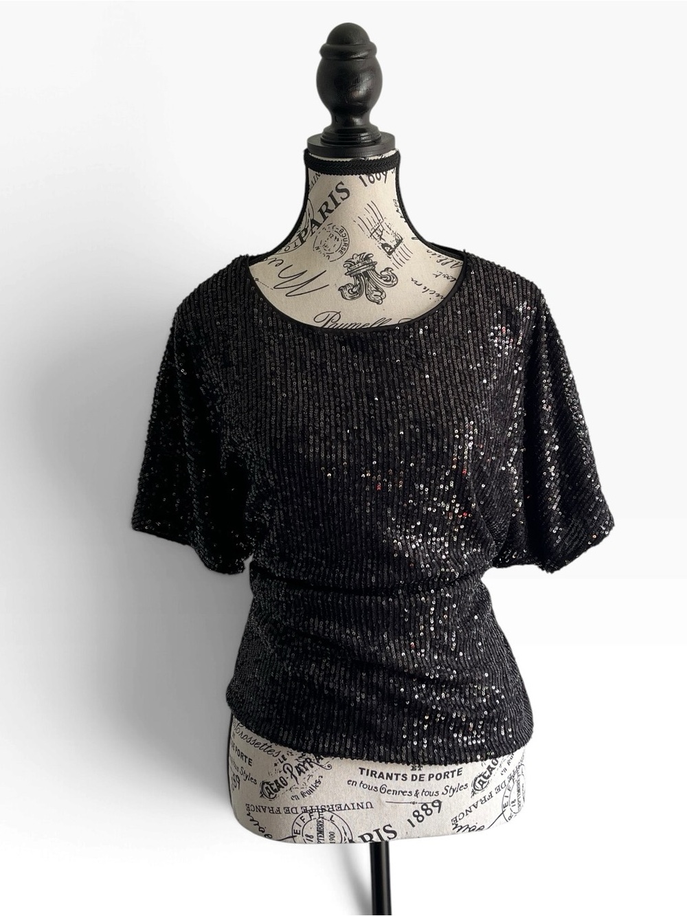H&M Black Sequin Top Lined Short Sleeve Evening Party Y2K Glam